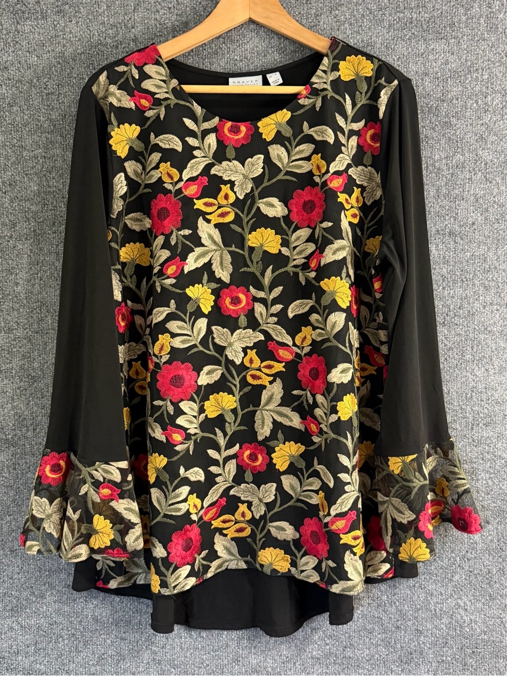 Susan Graver Womens XL Black Floral Embroidered Mesh Bell Sleeve Tunic Top